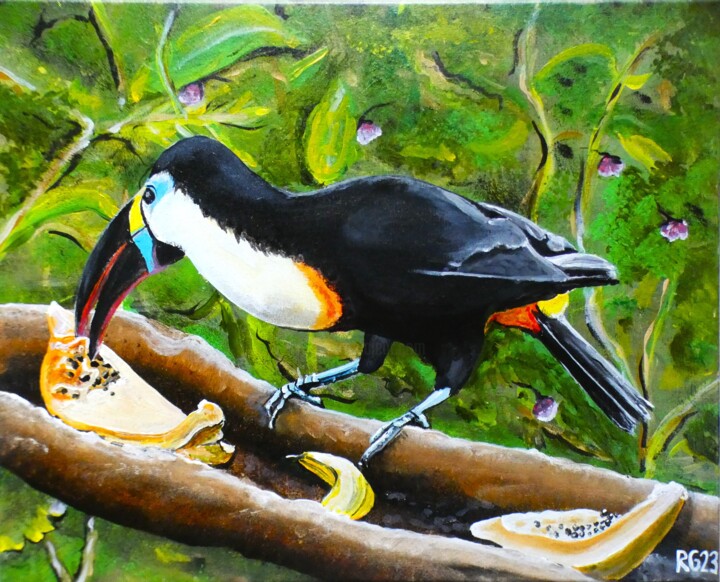 Painting titled "Tukan" by Rolf Großkopf, Original Artwork, Acrylic Mounted on Wood Stretcher frame