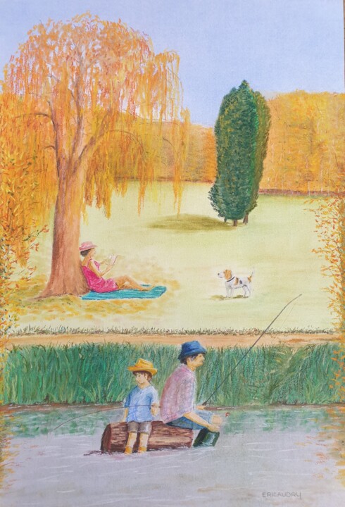 Pêche en famille - Au fil de la rivière Drawing, 23.6x15.8 in