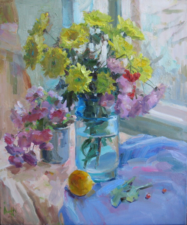 Peinture intitulée "Хризантеми 1" par Nadia Hramova, Œuvre d'art originale, Huile Monté sur Châssis en bois