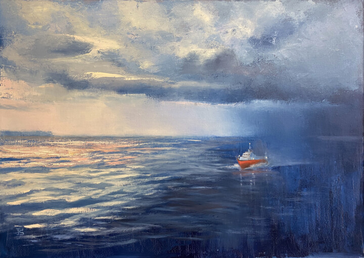 「The Red Boat」というタイトルの絵画 Irina Sergeyevaによって, オリジナルのアートワーク, オイル ウッドストレッチャーフレームにマウント
