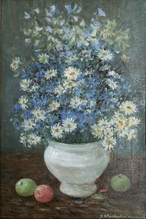 White and blue flowers 绘画, 23.6x15.8 in