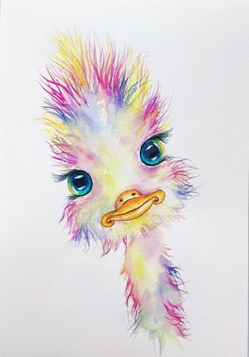 Cute Ostrich Baby 绘画, 9.1x5.9 in