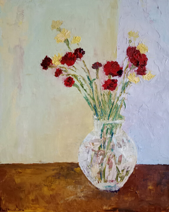 Carnations in a round vase 绘画, 19.7x15.8 in