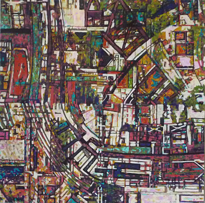 Peinture intitulée "Vue de drône" par Christian Vidal, Œuvre d'art originale, Acrylique Monté sur Panneau de bois