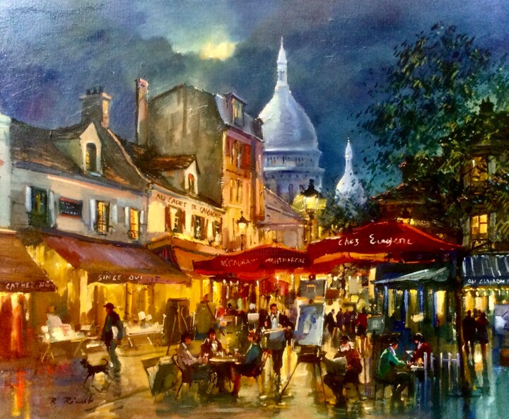 PARIS MONTMARTRE LA NUIT Schilderij, 25,6x31,9 in