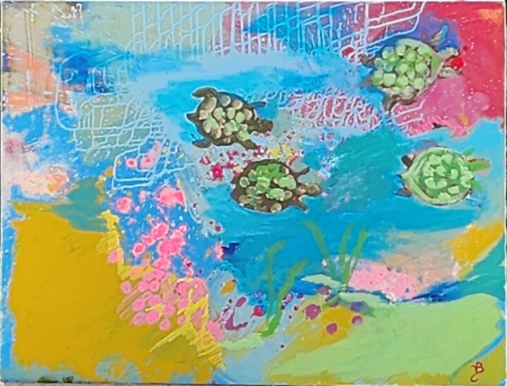 Peinture intitulée "4 tortues" par Valérie Blum (Valery), Œuvre d'art originale, Acrylique Monté sur Châssis en bois