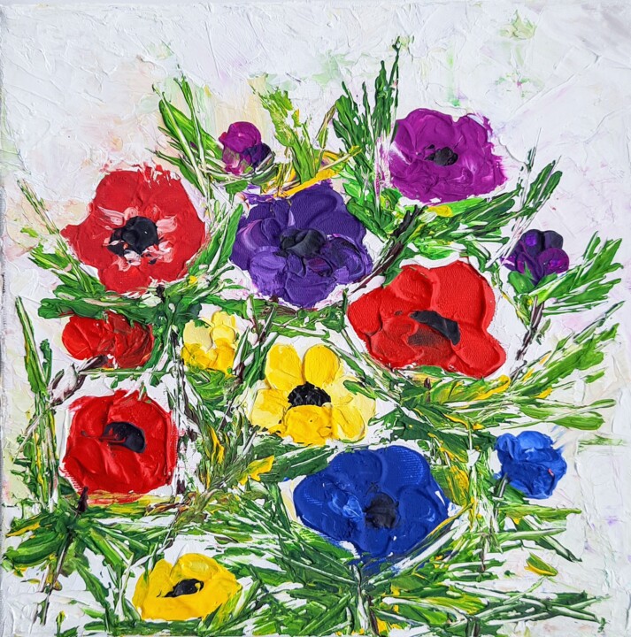 Anemone Flowers Ìmpasto 绘画, 7.9x7.9 in