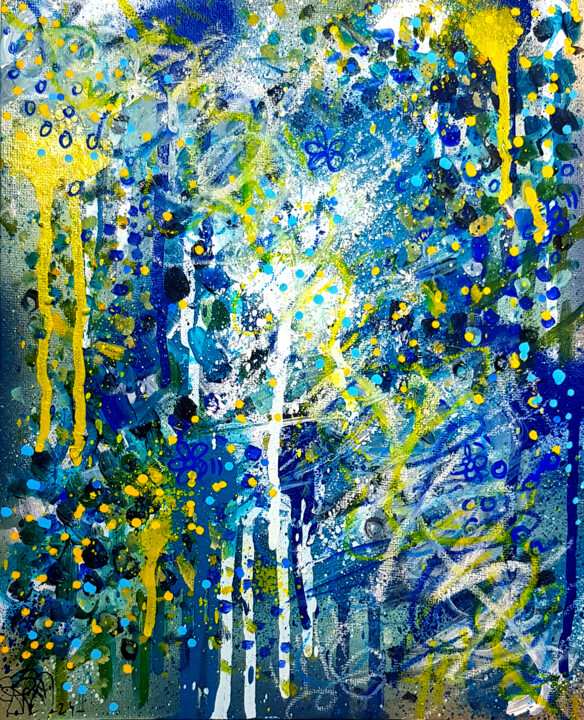 Tableau Abstrait Bleu Jaune Moderne Original PVettese 绘画, 11.8x9.5 in