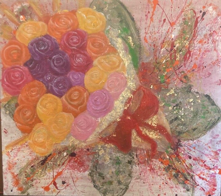 Peinture intitulĂ©e "Bouquet de roses đč" par Sandy Madar, Ćuvre d'art originale, Acrylique