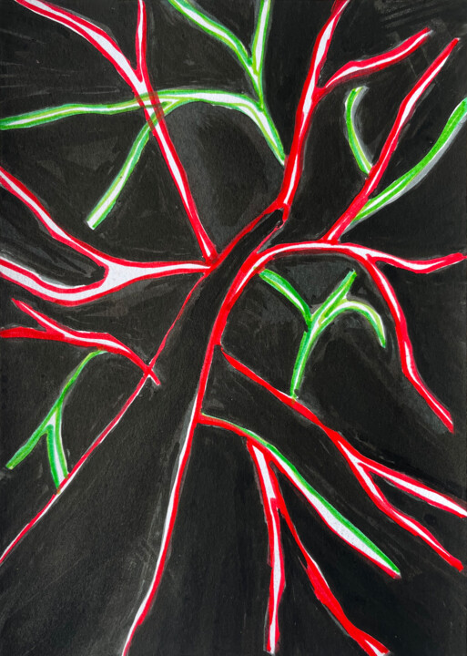 Arbre vert rouge Drawing, 8.3x5.8 in