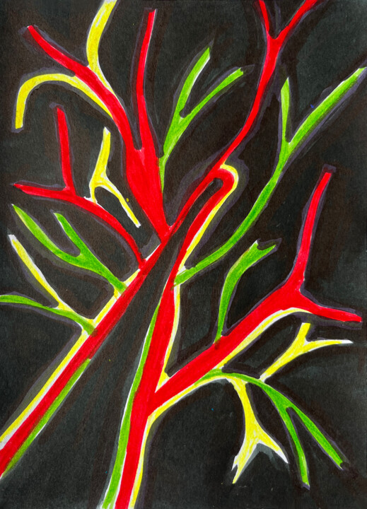 Arbre fleurs rouge vert jaune Drawing, 8.3x5.8 in