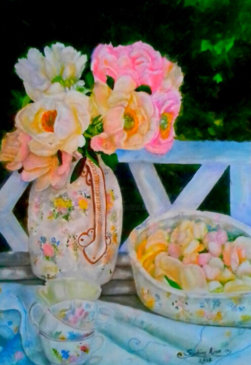 Roses on a vase still life watercolor home decor painting. 绘画, 24x18 in