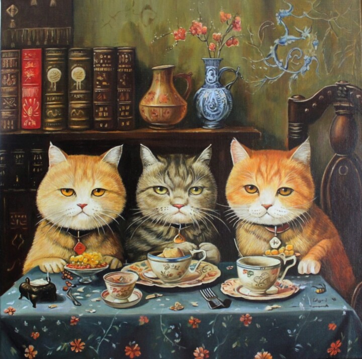 Оригинальная картина маслом "Кошачее чаепитие" Ζωγραφική, 31,5x31,5 in