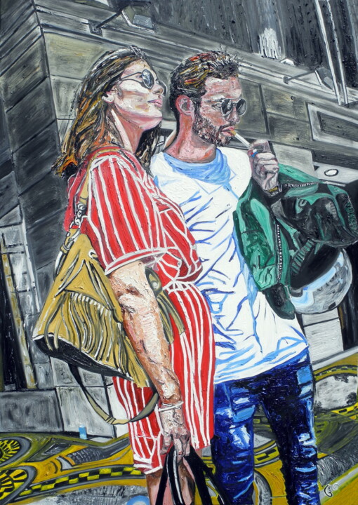 绘画 标题为“Jeune couple rue de…” 由Jerome Labrunerie (GEO), 原创艺术品, 油 安装在木质担架架上
