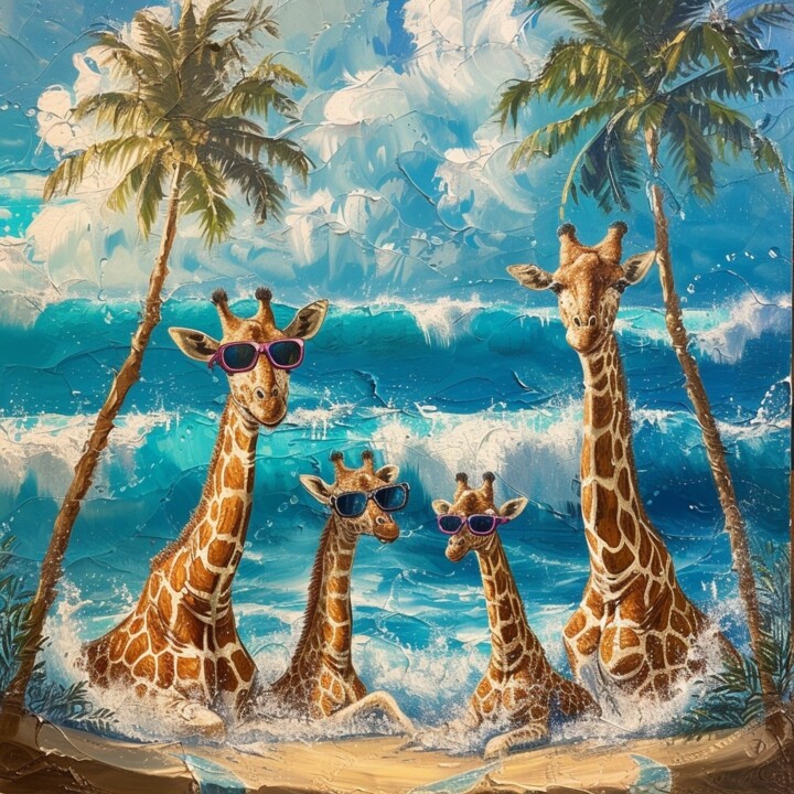 Оригинальная картина маслом с текстурой "Жирафы на отдыхе" 绘画, 35.4x35.4 in