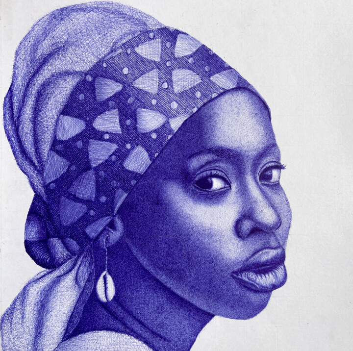 Lady in white cowrie 图画, 12x12 in