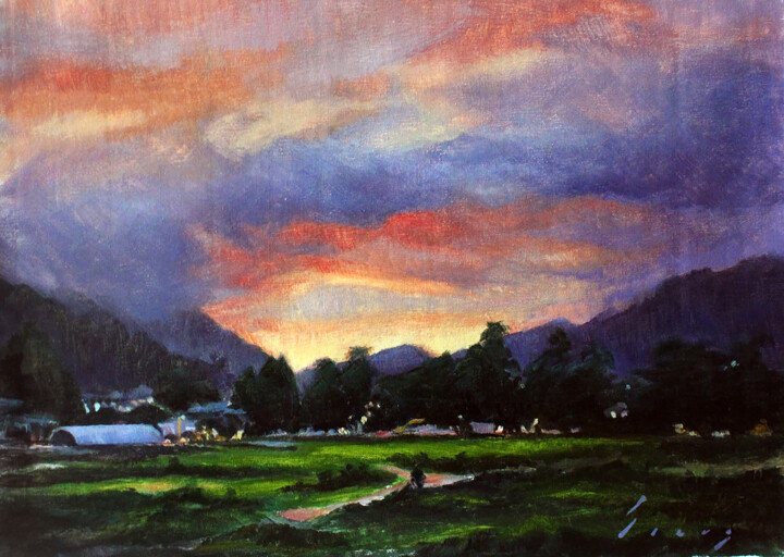 Peinture intitulée "Before the Sunrise" par Kavinda Silva, Œuvre d'art originale, Huile