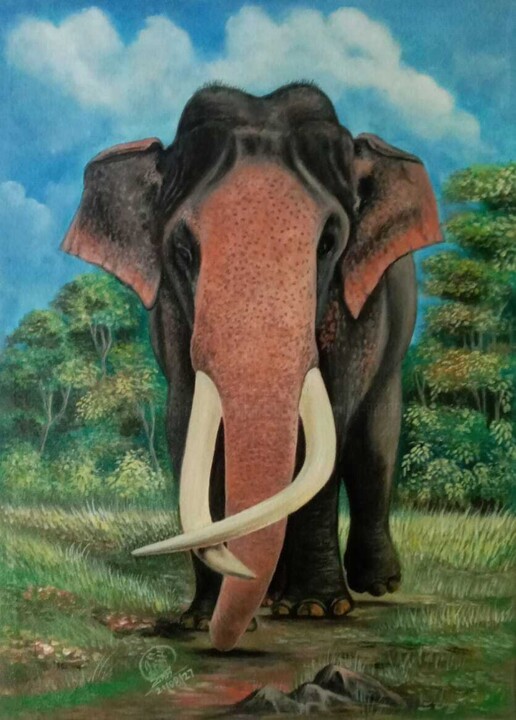 Painting titled "Majestic Tusks" by Hiran Sumith Fernando, Original Artwork, Acrylic