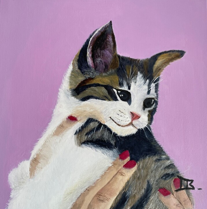 Painting titled "Petit amour de minou" by Marie France Saunard (Rêves et couleurs), Original Artwork, Oil Mounted on Wood St…