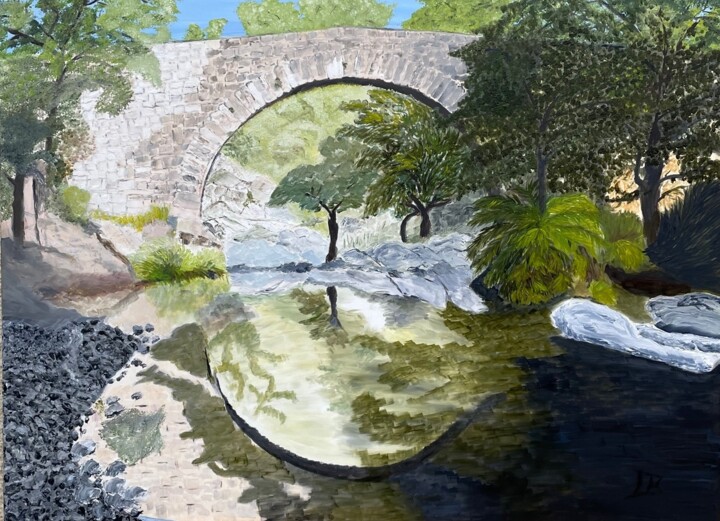 Painting titled "Petit coin du Gard" by Marie France Saunard (Rêves et couleurs), Original Artwork, Oil Mounted on Wood Stre…