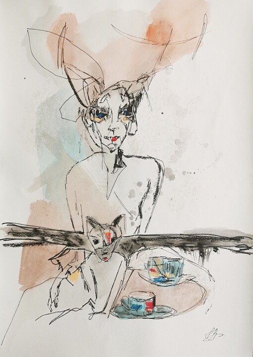 Ethereal Cat Lady Art, Muted Tones Portrait. 图画, 16.5x11.8 in