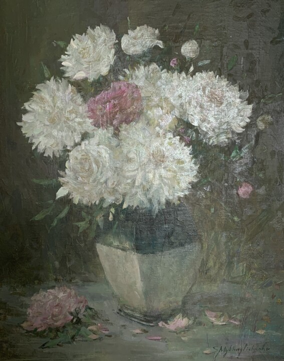White peonies 绘画, 19.7x17.7 in