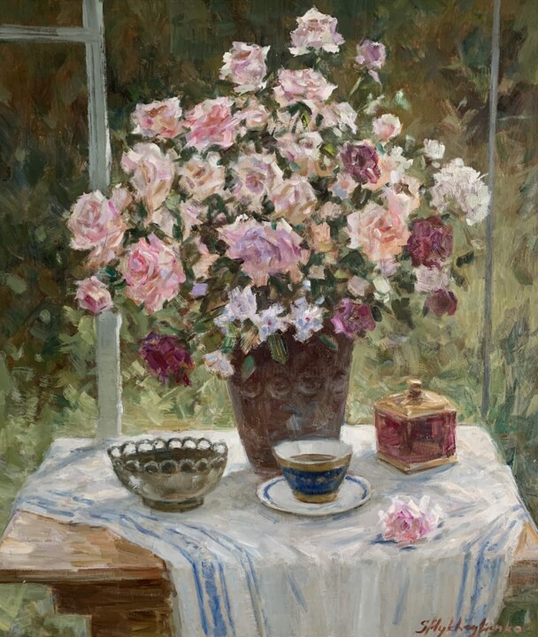 「Country roses」というタイトルの絵画 Nk. Artboxによって, オリジナルのアートワーク, オイル ウッドストレッチャーフレームにマウント