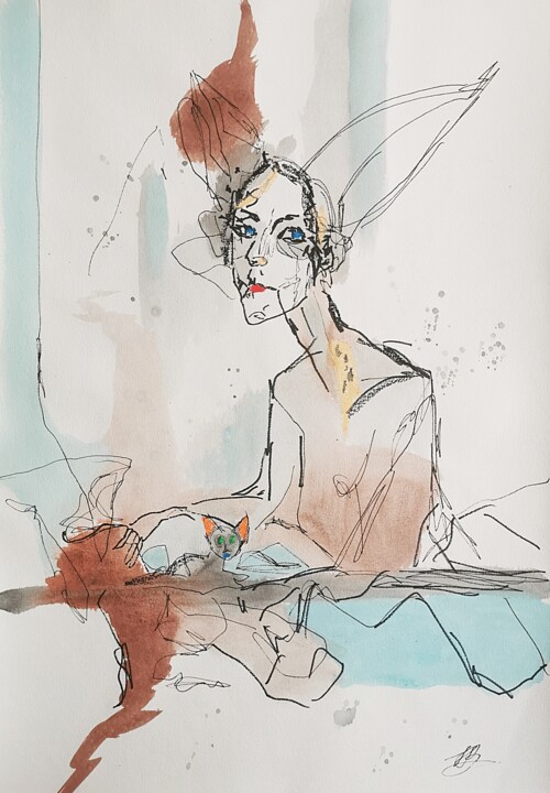 Drawing titled "Dreamy Cat Woman Dr…" by Daheaven Art, Original Artwork, Acrylic