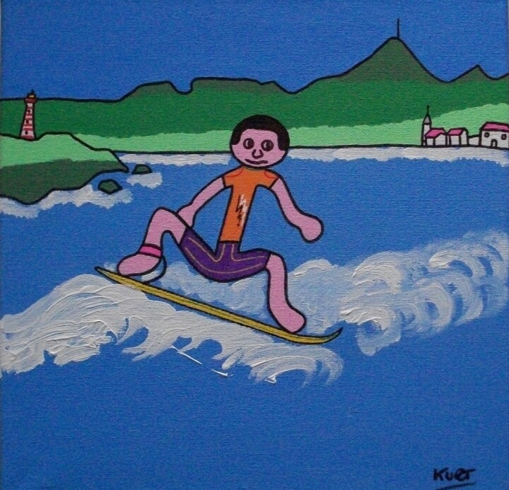 Tableau naif surf sur la côte-Basque Картина, 11,8x11,8 in