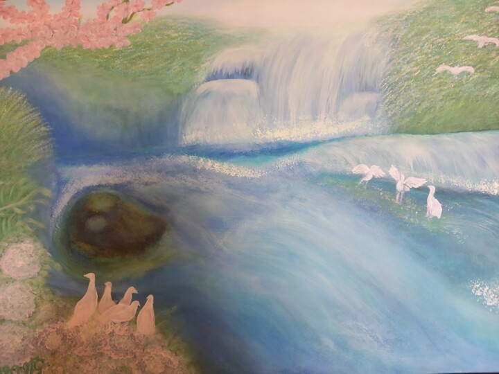Painting titled "Waterfall" by Virginija Grudžinskienė, Original Artwork, Watercolor Mounted on Wood Stretcher frame