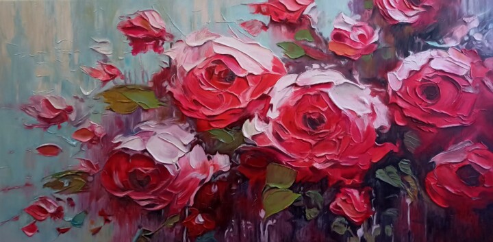 Текстурная картина маслом на холсте "Красные розы" 绘画, 23.6x47.2 in