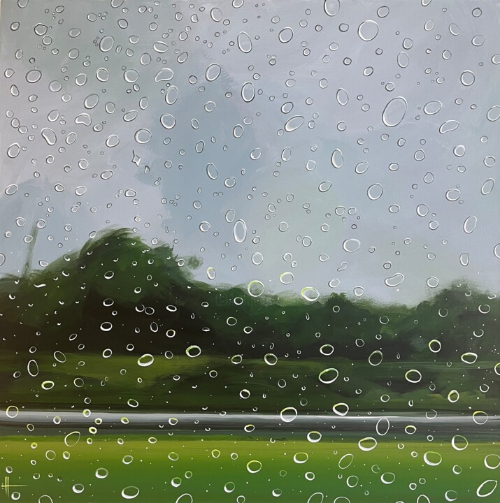 「The Summer Rain」というタイトルの絵画 Hunter Jayによって, オリジナルのアートワーク, アクリル ウッドストレッチャーフレームにマウント