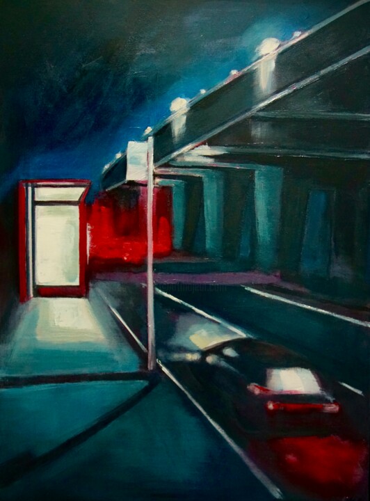 Schilderij getiteld "Bus Stop in Hounslow" door Helena Butler, Origineel Kunstwerk, Olie Gemonteerd op Frame voor houten bra…