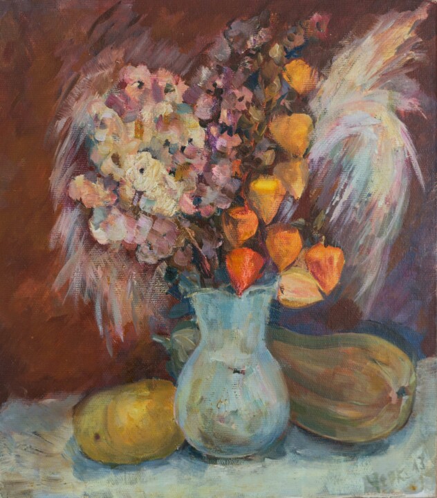 Stil life with a blue vase 绘画, 17.7x13.8 in