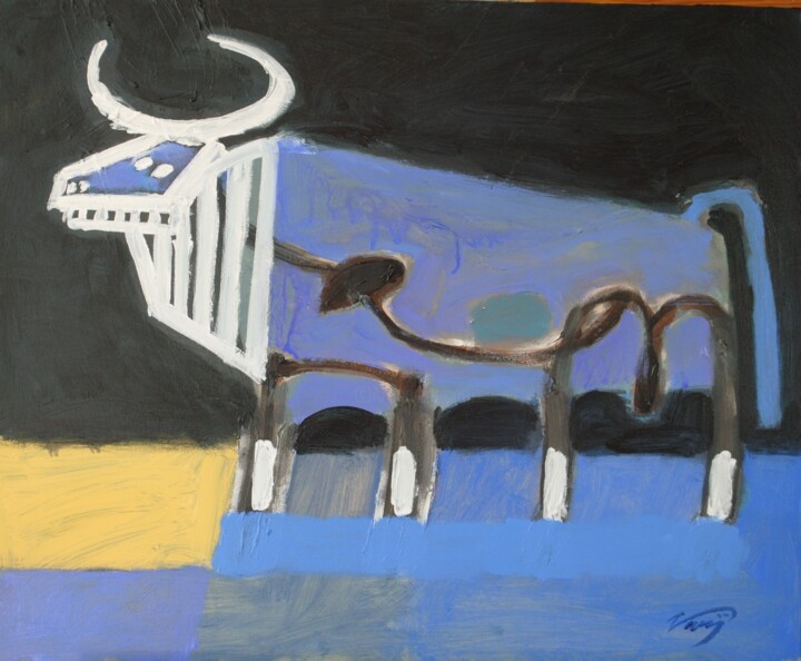 toro fond bleu noir 绘画, 19.7x24 in
