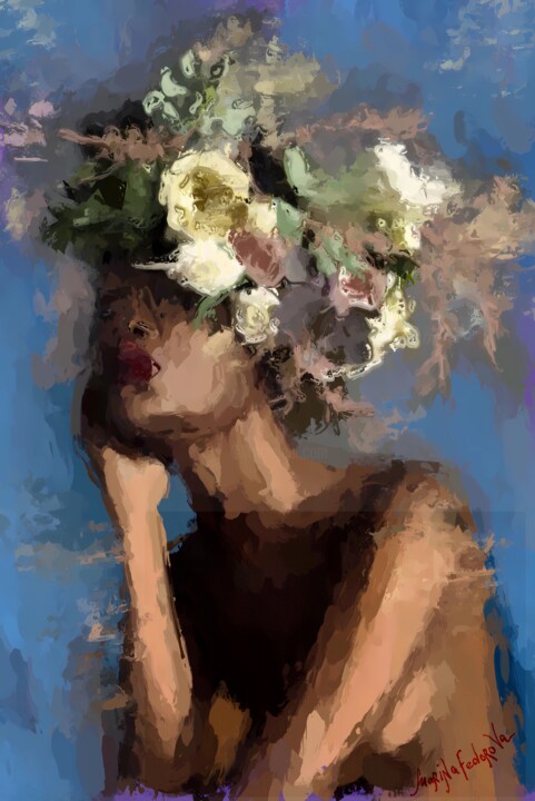 Woman with blue flowers, beautiful african lady 绘画, 37.4x25.6 in