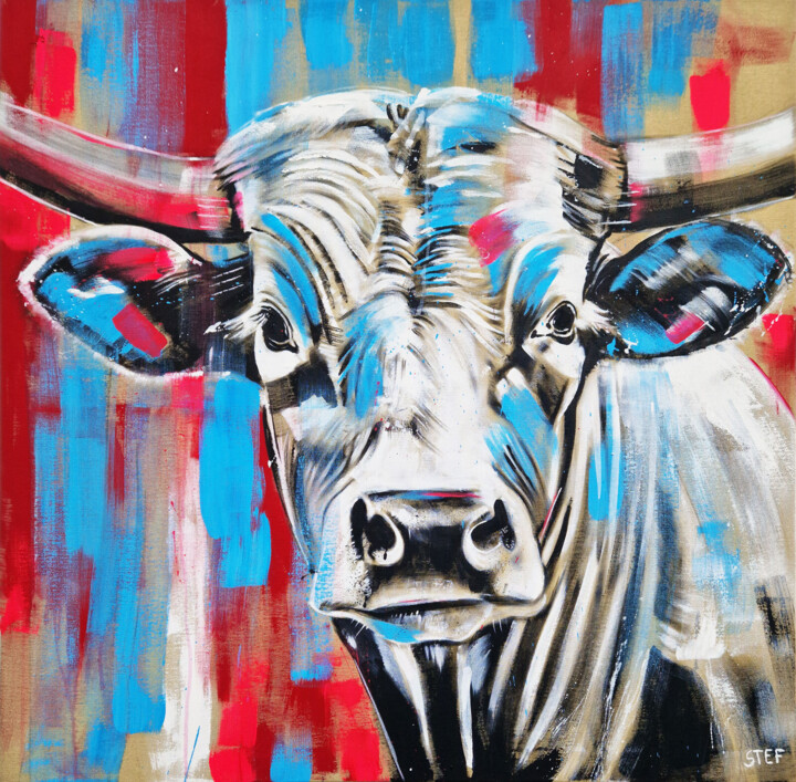 Painting titled "'COW CODED #12'" by Stefanie Rogge, Original Artwork, Acrylic Mounted on Wood Stretcher frame