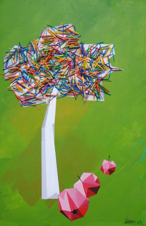 Schilderij getiteld "Drei Äpfel" door Walter Lehmann, Origineel Kunstwerk, Acryl
