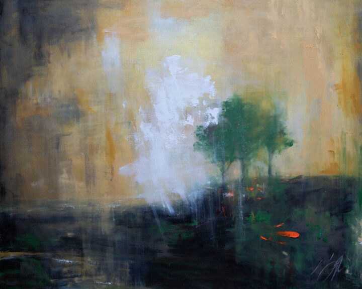 Painting titled ""The Three Trees co…" by Tomoya Nakano, Original Artwork, Oil Mounted on Wood Stretcher frame