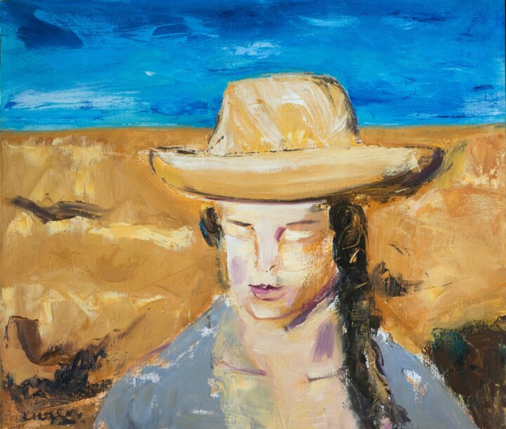 Girl in a wheat field 绘画, 23.6x27.6 in