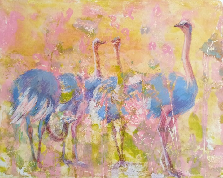 Ostriches 绘画, 11.4x14.2 in
