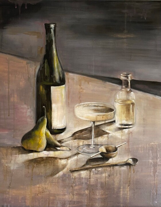 Still life with pears and champagne 绘画, 23.6x19.7 in