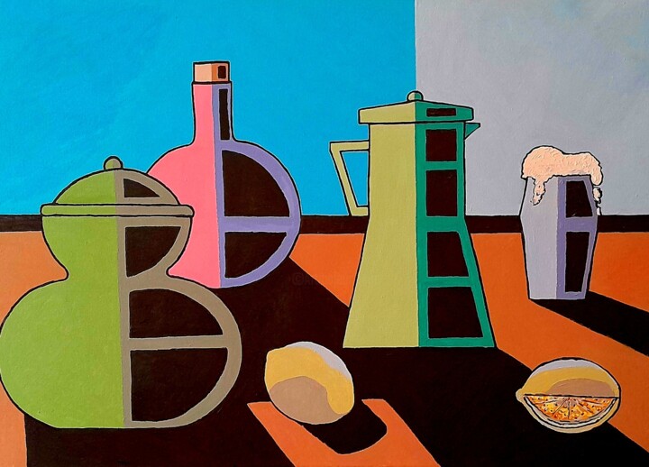 Des citrons dans une cuisine , Nature morte vibrante . 绘画, 19.7x27.6 in