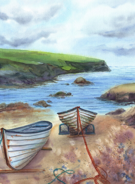 Fishing Boats, Donegal, Ireland 绘画, 15.8x11.8 in