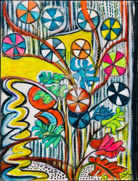 Painting titled "Vitalité florale" by Michèle Péré, Original Artwork, Oil Mounted on Wood Stretcher frame