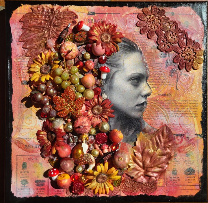 Collages titled "Autumn" by Delphine Sagot, Original Artwork, Collages Mounted on Wood Stretcher frame