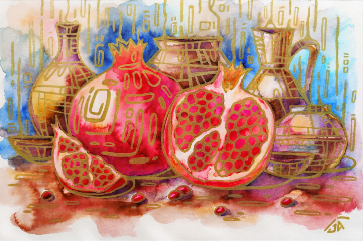 Still life with pomegranates I 绘画, 9.5x12.6 in