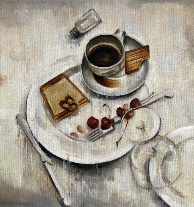 Still life with coffee and cherries 绘画, 19.3x17.7 in