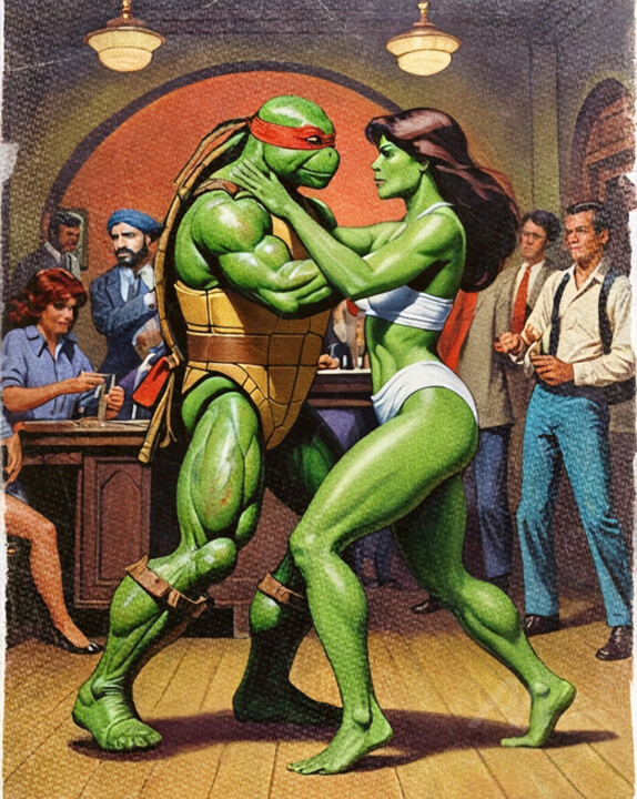 "Dance Duel: Raphael vs She-Hulk" 数字艺术