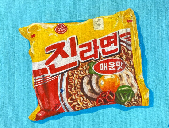 Painting titled "Jin Noodles" by Kate Revill, Original Artwork, Oil Mounted on Other rigid panel